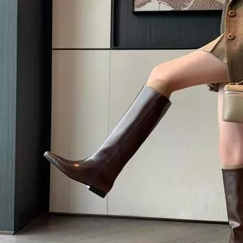 Длинные женские сапоги с плоским дном, ретро-заостренные прямые сапоги, женская обувь 2024 года, новая осенне-зимняя черная высокая труба 35 коричневый