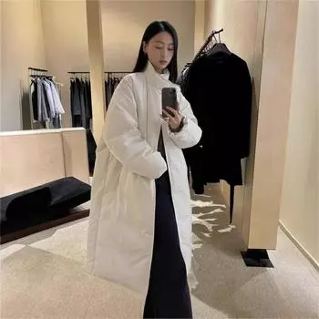 Длинный белый пуховик женский 2024 новый белый утиный пух зимний модный тренд теплое корейское утолщенное пальто S