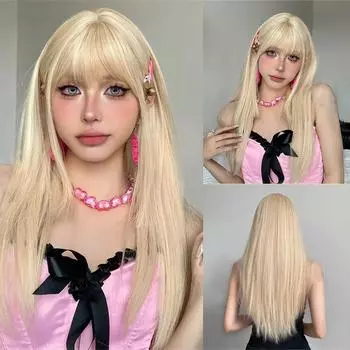 Длинный блонд синтетический парик прямые парики с челкой для женщин естественный вид термостойкие повседневные волосы вечеринка косплей использование