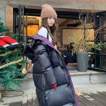 Длинный большой вариант пуховой куртки женский 2024 зима контрастный цвет дизайн sense couple фиолетовый золотой белый утиный пух колено утолщенное пальто S чёрный