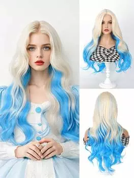 Длинный большой волнистый платиновый градиентный синий парик для женщин и девочек, термостойкие парики из волокна, милые рождественские подарки на Хэллоуин, Рождество и повседневное использование