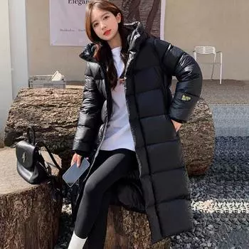 Длинный черный золотой мужской и женский пуховик одинаковой длины до колена супер толстый женский 2024 высококачественное пальто S size 80-47.5kg чёрный