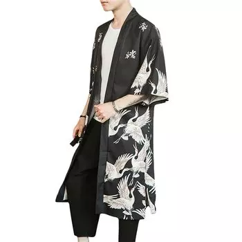 Длинный длинный журавль японский открытый японский летний [ZhangSong] мужской кардиган, свободный, рукав, кардиган, узор, укиё-э, мода, стиль, воротник, тонкий,