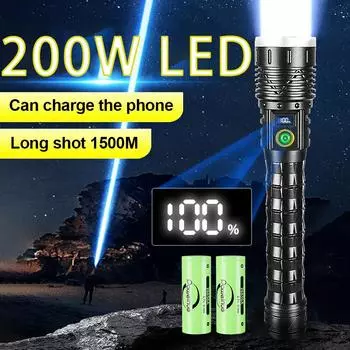 Длинный фонарик 200 Вт светодиодный фонарик дальнего действия 1500 м лампа с регулируемой яркостью фонарик водонепроницаемый перезаряжаемый фонарь A-Flashlight