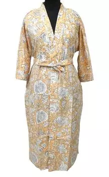 Длинный халат-кимоно из хлопка, пижама с индийским принтом, ночная рубашка, макси-халат One Size разноцветный