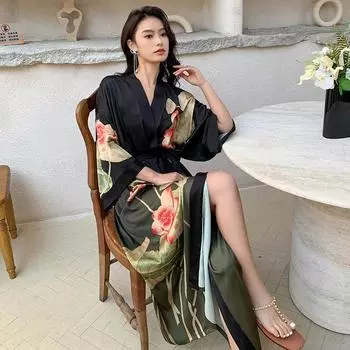 Длинный халат с черным принтом и цветком, ночная рубашка, весна-лето, кимоно с короткими рукавами, банный халат, женское сексуальное вискозное домашнее платье, домашняя одежда One Size