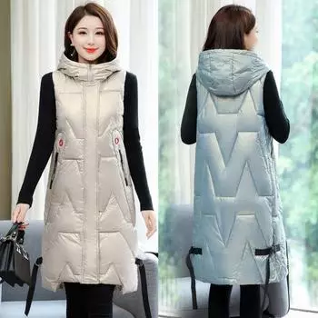 Длинный хлопковый жилет, женское пальто без рукавов, осенне-зимняя мода, жилет с капюшоном, женские парки, теплая блестящая верхняя одежда на пуху M чёрный