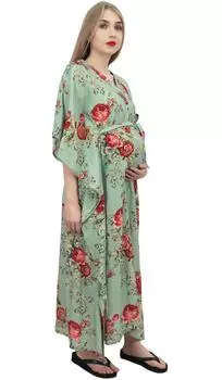 Длинный кафтан для беременных Bimba Moms Dusty Green с цветочным принтом и поясом 10 зелёный