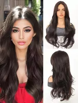 Длинный каштановый волнистый парик для женщин, 26 дюймов, средняя часть, кудрявый волнистый парик, натуральный вид, синтетический термостойкий парик из волокна для повседневного использования на вечеринках 26inch