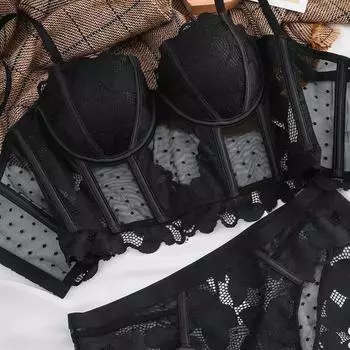 Длинный комплект с бюстгальтером пуш-ап из французского кружева с вышивкой, сексуальное женское нижнее белье, формирователь тела в виде рыбьей кости, топ, дышащий комплект из бюстгальтера и трусиков 70B чёрный