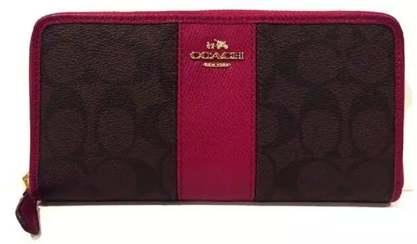 Длинный кошелек Coach Signature Accordion Zip Кошелек COACH из ткани/кожи(Коричневый/Фуксия) [элемент]