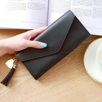Длинный кошелек из искусственной кожи, женский кошелек для монет, держатели для карт с кисточками, кошельки на молнии чёрный