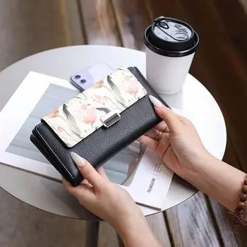 Длинный кошелек с цветочной пряжкой на молнии и несколькими отделениями для карт, женская сумка большой емкости чёрный