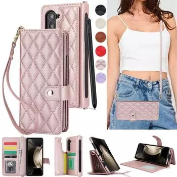 Длинный кожаный чехол-кошелек с ремешком для телефона для Samsung Galaxy Z Fold 5 5G Fold 5 Fold 4 Fold 3 Кожаный чехол с подставкой и держателем для карт Samsung Z Fold 3 фиолетовый