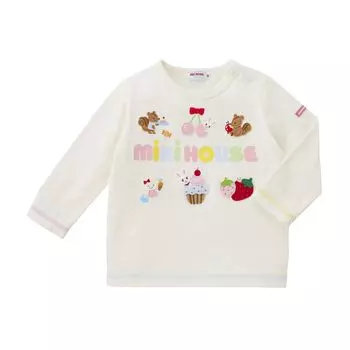 длинный кролик, выполненный в белом цвете [MIKI HOUSE] Футболка, рукав, логотип, сладости, Япония, девочки, младенцы, дети, детская одежда, 13-5216-688, 120 см, белый