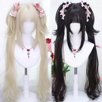 Длинный кудрявый синтетический парик WTB с двойным хвостиком, женский, милый, непослушный, Лолита, черный, белый, золотой, длинные вьющиеся волосы, рождественский парик для косплея 70cm