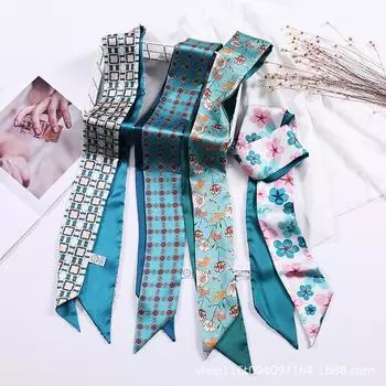 Длинный маленький шелковый шарф, синяя повязка на голову, завязанная на сумке, бант, лента, напечатанные аксессуары для волос, тканевая повязка на голову с хвостиком