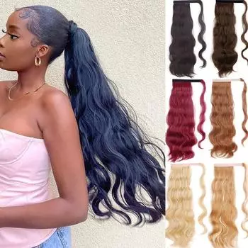 Длинный объемный волнистый хвост XINRAN, синтетический хвостик на заколке, черный, блонд, бордовый волнистый хвост для женщин