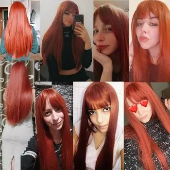 Длинный оранжевый, красный, рыжий прямой синтетический парик для женщин, парики с естественной волной и челкой, термостойкий парик для косплея