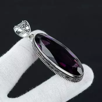 Длинный овальный серебряный антикварный кулон с аметистом, кулон из стерлингового серебра 925 пробы, серебряные украшения с аметистом, кулон для нее, кулон для подарков 2.75 фиолетовый