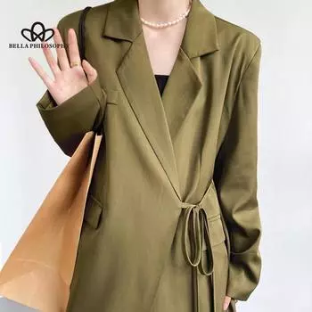 Длинный пиджак оверсайз, весна-осень, пальто для отдыха с диагональной шнуровкой, женская модная повседневная свободная куртка, пиджак, пальто зелёный