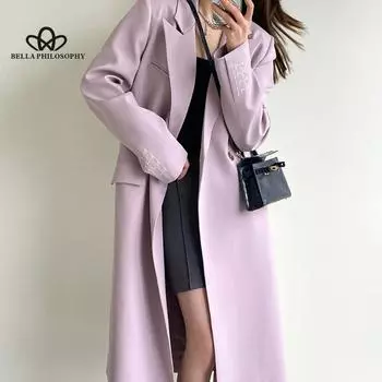 Длинный пиджак женский весенний свободный повседневный длинный пиджак с вышивкой one size фиолетовый