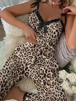 Длинный пижамный комплект, женская пижама с V-образным вырезом, мягкая ткань, двухсекционная ночная рубашка с леопардовым принтом, женский пижамный комплект S