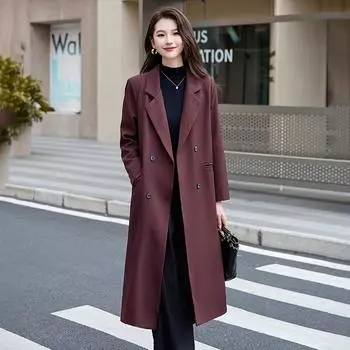 Длинный плащ женский осенний новый свободный повседневный модный двубортный пиджак с лацканами на талии HR1008 M90-52.5 kg чёрный