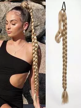 Длинный плетеный хвостик с резинкой для волос, прямой обруч, наращивание волос, конский хвост, натуральная мягкая часть волос для женщин, повседневная одежда 32inch