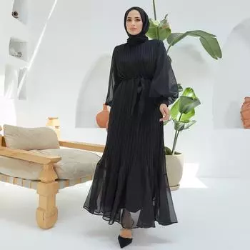 Длинный плиссированный хиджаб с воздушным шаром, женское платье, мусульманское абайя, шифоновая ткань с поясом, Джанджан, высокое качество, турецкое производство, с подкладкой