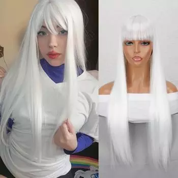 Длинный прямой белый парик MERISIHAIR с челкой, синтетические натуральные парики, розовый, красный, коричневый парик для женщин, волокнистые парики для косплея 60 CM