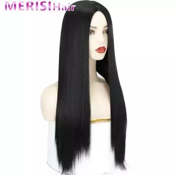 Длинный прямой черный парик MERISIHAIR, синтетические парики для женщин, натуральный парик со средней частью, парик из теплового волокна