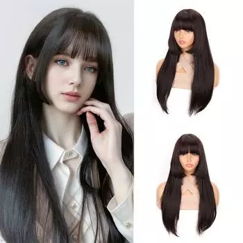 Длинный прямой черный парик с челкой, стрижка «принцесса», аниме-парик из натуральных синтетических волос для женщин, косплея и повседневной носки 52cm