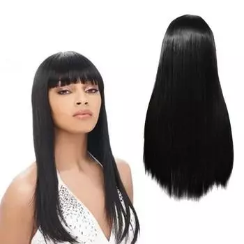 Длинный прямой черный парик с плоской челкой Модный женский термостойкий высокотемпературный парик для вечеринок естественный