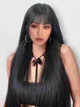 Длинный прямой черный синтетический парик для женщины с челкой 24 дюйма парики для косплея Лолиты термостойкие натуральные волосы 24inch