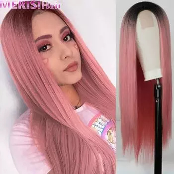 Длинный прямой коричневый и золотой парик Синтетические парики для женщин Натуральный кружевной парик со средней частью Термостойкое волокно Натуральный парик