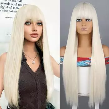 Длинный прямой парик с челкой, натуральные белые волосы, синтетические термостойкие парики для девочек, повседневное использование на вечеринках 65cm