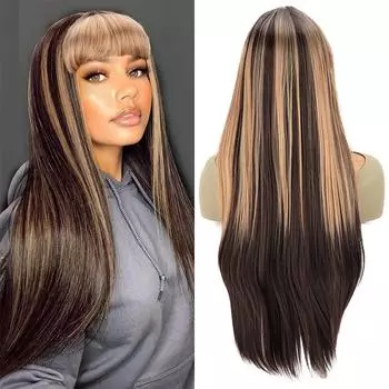 Длинный прямой парик с челкой, термостойкий синтетический парик для женщин и девочек, повседневный парик для косплея 55cm