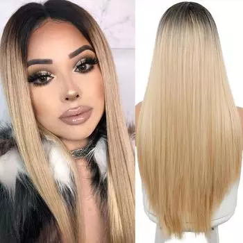 Длинный прямой парик средней точки LISI HAIR, черно-золотой двухцветный парик, подходит для черных/белых женских повседневных париков/париков для косплея
