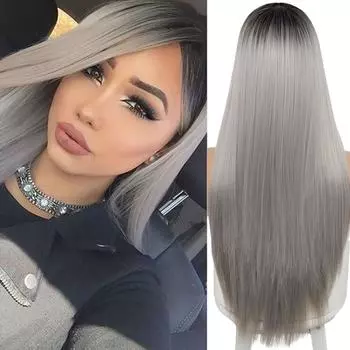 Длинный прямой парик средней точки MERISIHAIR, черно-серый двухцветный парик, подходит для черных/белых женских повседневных/ролевых париков