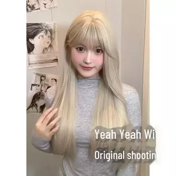 Длинный прямой парик Yeye Platinum Lolita для круглых лиц - полная голова, чистый красный стиль для женщин Beige-Gold