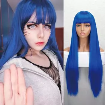 Длинный прямой синий парик MERISIHAIR с челкой из синтетического волокна, повседневная одежда, косплей, черный, коричневый, цвет омбре, длинный прямой парик 60 cm