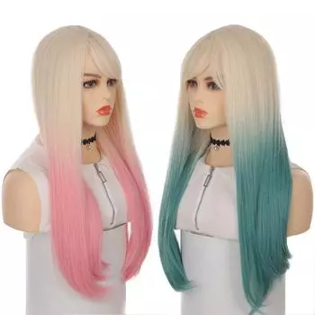 Длинный прямой синтетический парик для девочек, женский градиентный розовый/зеленый Лолита, косплей, искусственные волосы с челкой, натуральный термостойкий