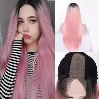 Длинный прямой синтетический парик фронта шнурка для черных женщин термостойкие волосы Ombre розовый парик 70CM