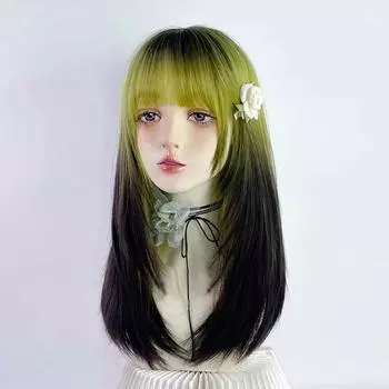 Длинный прямой синтетический женский парик с омбре, черный, зеленый, градиент с челкой, парик для косплея Лолиты для повседневной вечеринки #1