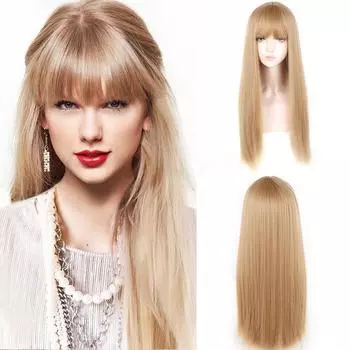 Длинный прямой золотой парик с челкой, парики из синтетических волос, челка с париком для женщин, золотые термостойкие парики золотой