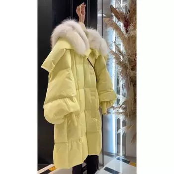 Длинный пуховик для девочек, желтый, с пушистым воротником, ленивая ветровка XL