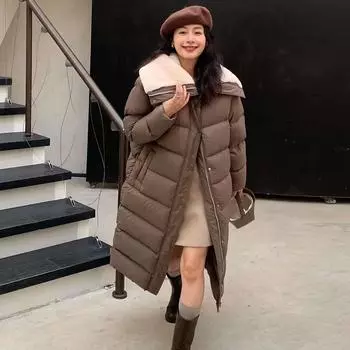Длинный пуховик из овечьей шерсти с большими лацканами, женская зимняя мода 2024 года, утолщенная свободная куртка из утиного пуха белого цвета до колена S коричневый