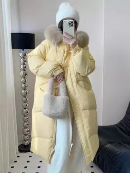 Длинный пуховик с большим меховым воротником, женская зимняя новая модная теплая белая куртка до колена с милой пряжкой S recommends within 62.5 kg