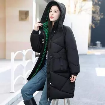 Длинный пуховик с капюшоном большого размера, свободным кроем и большими карманами - зимняя куртка в корейском стиле M абрикосовый